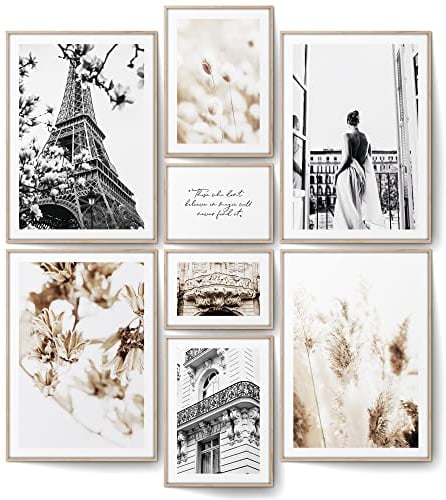 BLCKART Beige Paris Poster Set Beidseitig Bedruckt Schlafzimmer Deko Eiffelturm Bilder Pampasgras Wanddeko Wohnzimmer Bildercollage ohne Rahmen