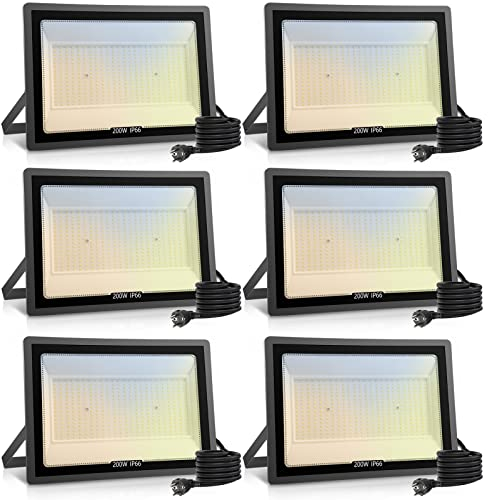 Royana 6er 200W LED Strahler Außen, Superhell 20000LM LED Fluter Dimmbar mit Stecker 3000K/4000K/6000K, IP66 Wasserdicht AußenStrahler Scheinwerfer, LED Flutlicht für Hof, Garage, Garten, Sportplatz