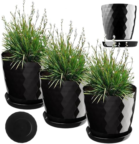 KADAX Vaso da fiori in plastica con sottovaso, vaso in materiale leggero, vaso decorativo per erbe aromatiche, vaso per fiori, piante, cactus e piante grasse (set di 3-30 cm, nero)