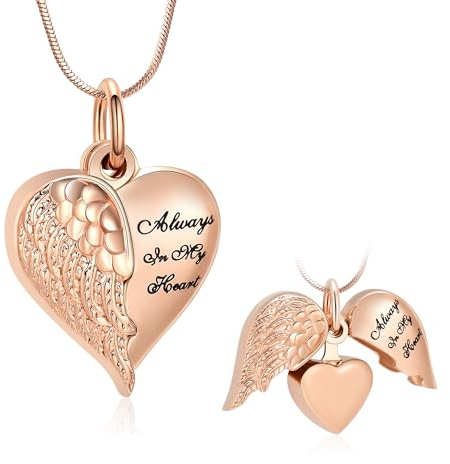 Minicremation Collar Urna con Cenizas en Forma de Corazón Joyería Crematoria con Alas de Ángel para Mujeres y Hombres, Recuerdo Conmemorativo de Cenizas