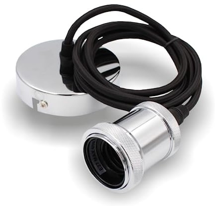 Pendelleuchte mit textilummanteltem Silikonkabel FLEX, Metall Baldachin und E27 Fassung & Schraubring | 2000mm (Chrom)