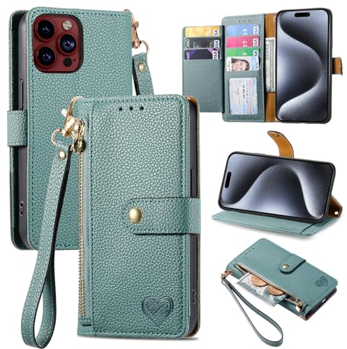 VEEMOS Handyhülle für Apple iPhone 15 Pro Hülle Klappbar Klapphülle Schutzhülle mit Kartenfach RFID Reißverschluss Handy Tasche Leder Flip Case Cover Handytasche Frauen - Grün