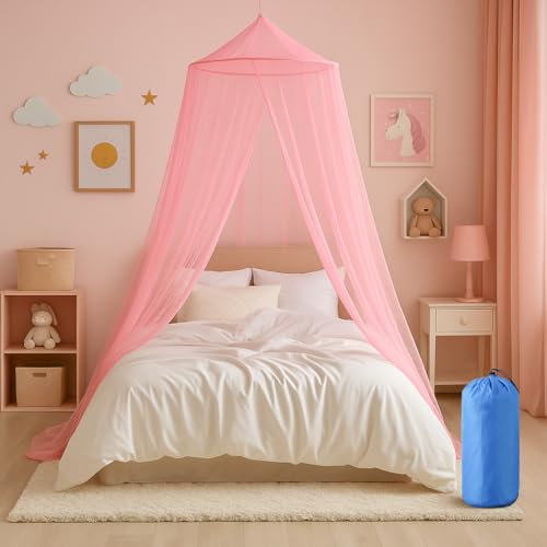 ZUFIO Moustiquaire pour lit | Protection Contre Les Insectes pour Lits Simples et Doubles - idéale pour Les Voyages | Auvent Comprenant Chevilles, Crochets adhésifs et Sac (Rose)
