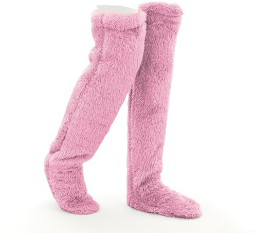 LAPLUIE Über Knie Hohe Fuzzy kuschelsocken, Wintersocken Flauschige Socken Antiruschsocken mit Noppen, Klimatisierte Warme Bettsocken Haussocken (Rosa)
