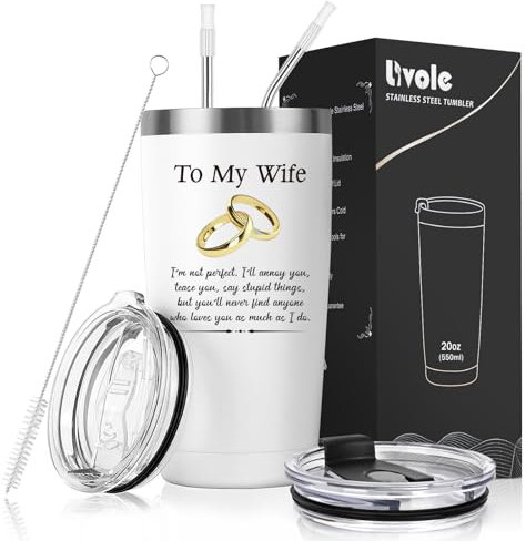 Livole Valentines Gifts for Her, Wife, Women, Valentines Day Gifts for Her, Wife, Womens Birthday Gifts, to My Wife, Funny Mug for Her, 20oz Stainless Steel Wine Tumbler, 600ml Thermal Travel Mug