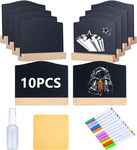 Scpehfy Kleine Doppelseitige Kreidetafel Schilder mit Staffelei Stehen, 10 Stück Mini Holzschilder Tischkarten Beschriften für Party-Buffet, Tafeln Hochzeiten, Geburtstagsfeiern, Preisschilder