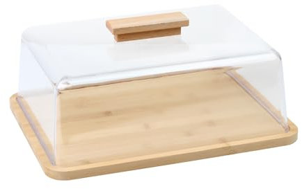KVMORZE Plato de postre acrílico con base, bandeja de bambú para tartas con cubierta acrílica transparente, bandeja de servidor de frutas para cocina, cumpleaños, boda, aperitivo, postre y queso,