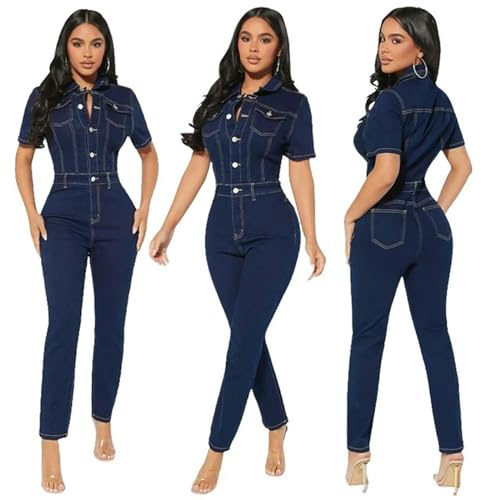 KWTF Sexy Stretchy Short Sleeve Bodycon Jeans Jumpsuit Denim Playsuit Skinny Full Length Long Jumpsuits for Women