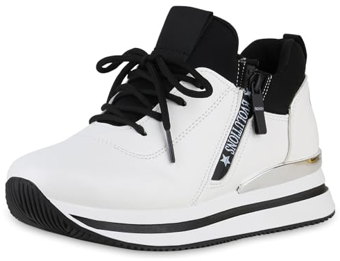 VAN HILL Damen Plateau Sneaker Keilabsatz Prints Trendy Schuhe 214564 Weiss 39