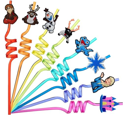 Lot de 16 décorations d'anniversaire La Reine des Neiges - Cadeaux d'anniversaire pour enfants - Pailles réutilisables.