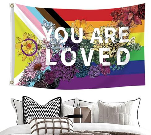 Nmkeqlos Stolze Gartenflagge „Du bist geliebt“, Flagge „Du bist geliebt“ - Gay Pride Gartenflagge,Pride Garden Flag Transgender Lesben, 90 x 150 cm Regenbogen-Gay-Lesben-LGBT-Pansexual-Flagge für den