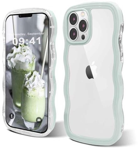 ORDA iPhone 13 Pro Case - Cute Wave Frame Curly Shape, Shockproof Hard PC Cover for Women and Girls, Green