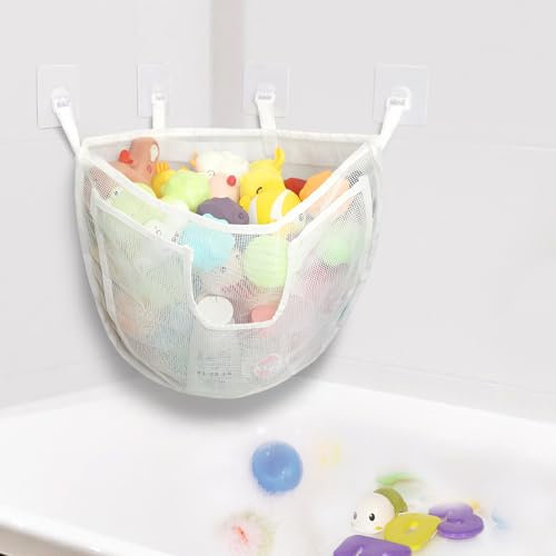 DOCMON Rangement pour jouets de bain, grande capacité avec fermeture éclair à bouton, rangement de jouets de bain à dégagement rapide avec grande poche, panier d'angle en maille pour jouets de salle