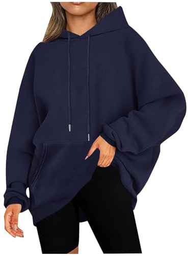 KOG Hoodie für Damen Baumwolle Sweatshirt mit Kapuze Einfarbige Kapuzenpullover Warmes Hooded Sweatshirt Pullover Elegant Langarmshirt Freizeit Frau Mode Kleidung Warehouse Deal Marine XXL