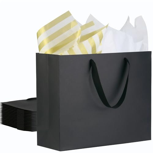 Geschenktüten mit Seidenpapier 12 Stück, Groß Papiertüten mit henkel, Verdickte Papier Schwarz Tüten, Geschenktaschen aus Papier Set für Festivalfeier, Hochzeit, Partei, Geburtstag - 32x11.5x28cm