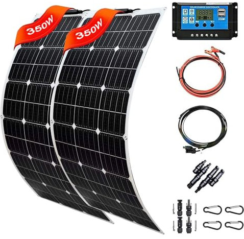 MLQUC 2 Pz 350 Watt 12-24 Volt (700W) Flessibile Pannello Solare Monocristallino Leggero Impermeabile con 40A Regolatore Di Carica per Rv, Barche, Cabina, Tetti, Superfici Curve, 2 Pz/2Pcs