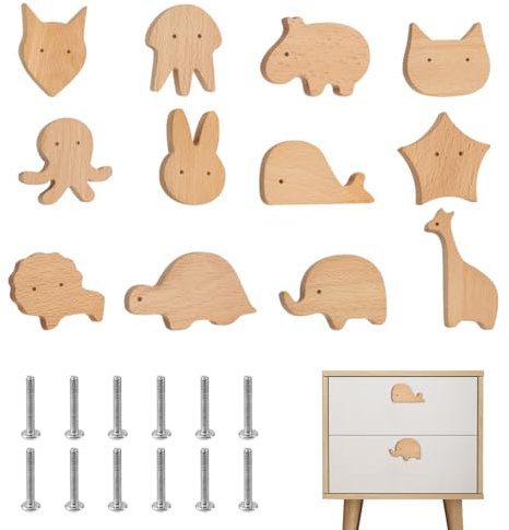 EUIEUT 12 Stück Möbelknöpfe Holz Schrankknöpfe Kinderzimmer Tierformen Schubladenknöpfe Holzknöpfe Türknöpfe Möbelgriff Schrankgriffe Griffe Kommode mit 12 Schrauben für Schubladen Schränke Dekoration