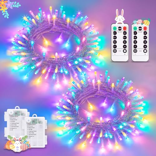 POTIVE Easter Lights Battery Operated, 2 Pack Total 66ft 200 LED Easter String Lights Outdoor, 8 Modes Multicolor String Lights Indoor for Porch Party Christmas
