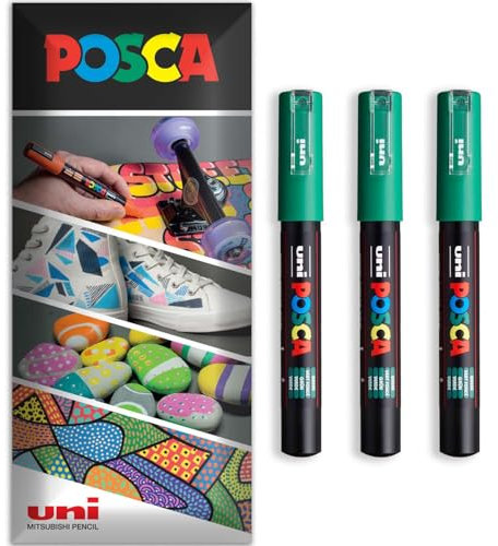 Posca - Water Based Permanent Marker Paint Pen - Multi Surface Use - PC-1M - Pack of 3 Pens in Wallet (Green)
