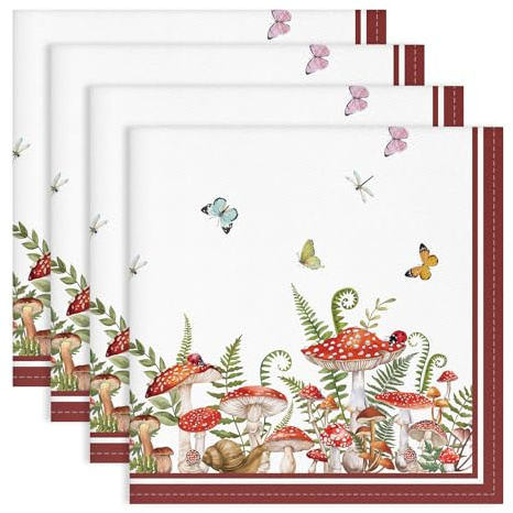 Arquiel Servietten Roter Pilz 4er-Set, Stoffservietten 100% Baumwolle Dekoratives Weiches Wiederverwendbare Esstisch Servietten für Hochzeiten Küche Haushalt Frühling/Sommer(45×45cm)