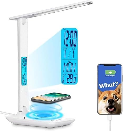 LED Desk Lamp with Wireless Charger and USB Charging Port, Desk Lamp with Clock, Alarm, Date, Temperature Function, 5 Brigntness, 3 Colour Modes, Desk Light for Home Office Work Study（White）