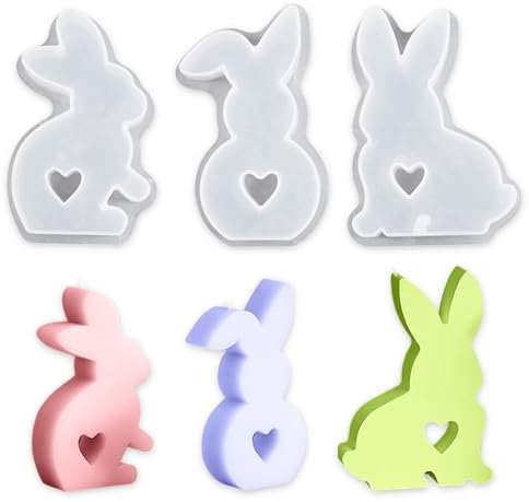 3 Stück Osterhase Schimmel,3D Kaninchen Gießform Ostern,Giessformen Silikon,Silikonform Ostern Hase,Osterhase Silikonform for Gips, Sojawachs Kerzen, Handwerk
