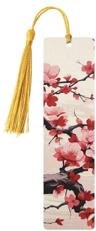 Japanische florale Kirschblüten-Holz-Lesezeichen mit goldenen Quasten, handgefertigt, doppelseitig, bedruckt, Lesezeichen, Seitenmarkierungen, Buchzubehör, Geschenk für Buchliebhaber, Frauen, Männer