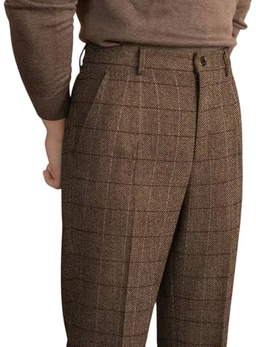 Solovedress Pantalon pour Homme Classique Costume Business Straight Fit Pantalon à Carreaux pour Occasions Formelles, marron, 38W / 30L
