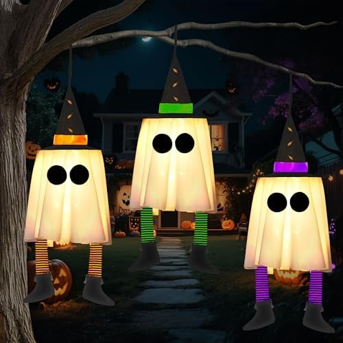 JOYIN 60cm 3 Stück Halloween-Geister-Dekorationen zum Aufhängen im Freien, warm leuchtende Geister-Baumdekoration mit Hexenhut und Timer, leuchtende Halloween-Dekorationen