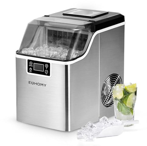 EUHOMY Macchina Ghiaccio Casa: 24 Cubetti in 13 Minuti, 20,5KG/24H Macchina per il Ghiaccio Autopulente, 3,2L Macchina del Ghiaccio con Paletta/Cestello, per Cucina/Ufficio, Acciaio Inossidabile