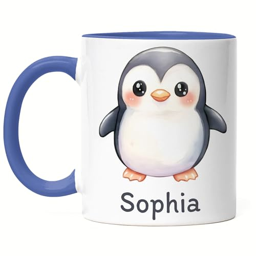 Kiddle-Design Kindertasse mit Namen Personalisiert, Personalisierte Tasse Kinder mit Pinguin, Namenstasse Pinguintasse, Kinderbecher als Geschenk zur Geburt, Taufe Weihnachten - Tasse Blau
