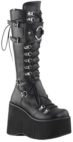 FQLGJMY Stivali da ginocchio con piattaforma a cuneo alto con tacco piattaforma grosso Lace Up & Zipper Punk Goth Stivali da combattimento di vitello medio Stivali da moto con fibbie in metallo