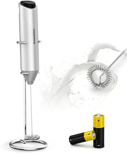 Bonsenkitchen Montalatte Elettrico, Frullino Montalatte con Supporto in Acciaio Inox e Batteria, Adatto per Latte, Cappuccino, Matcha, Regalo per Gli Amanti del Caffè, Argento