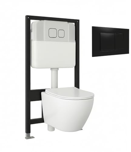 BAIKAL Inodoro Suspendido + Bastidor + Caja. WC en Blanco Mate. Cisterna empotrada con Pulsador Negro. Sanitario con Cierre Amortiguado y Sistema Rimless. Incluye Caja para Cisterna.