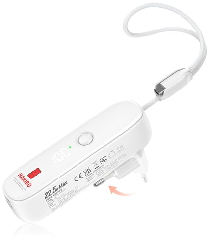 HARIBO Powerbank 5000mAh 22,5W Schnellladen, Faltbares Stecker Ladegerät mit Integriertes USB-C Kabel, Mini PD Ladegerät Externe Handyakkus für iPhone 17/16/15 Pro, Galaxy S25 S24 Pixel, Weiß