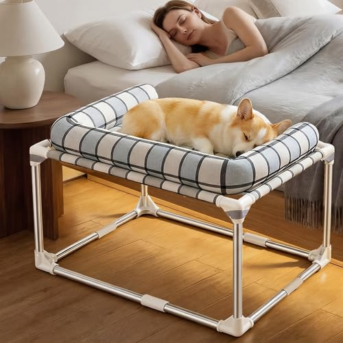 Bedside Cosleeper Dog Bed with Bloster, Height Elevated Pillow Bed Dog | Extension Attached to Human Bed for Dog Cat, Window Perch Bedside Lounge Elevated, Stainless Steel, Anti-Slip Feet