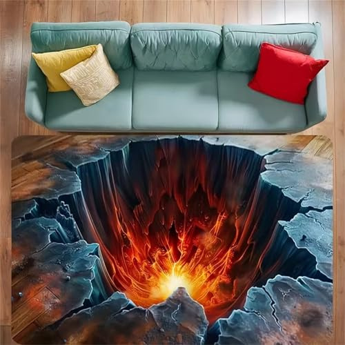 USHIRUG 3D Felsen Lava Teppich, 140x200cm, Rot-Graue Optische Täuschung Flammen-Felsen-Druckteppich, Vulkanmuster, Dekorativer Teppiche für Wohnzimmer, Eingangsbereich, Flur, rutschfeste, Matte