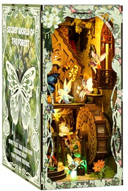 DIY Cutefun Buchstütze Cottage mit LED-Licht, 3D Holz Miniatur Cottage Modell, DIY Kreative Handarbeitsbuch Nook Modell Geschenk für Erwachsene Hobbyist (Forest Secret Realm)