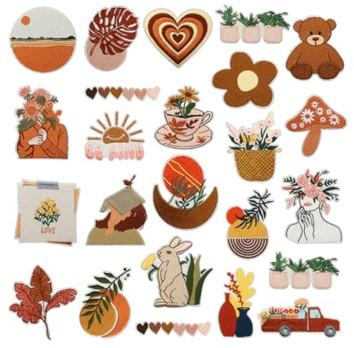 24 Stück Café-Thema Bestickte Aufnäher, Patches zum Aufbügeln/Aufnähen, Boho Vintage Stickerei Patches DIY Zubehör für Kleidung Rucksäcke Jacken Jeans Dekoration (Braun-Orange-Töne)