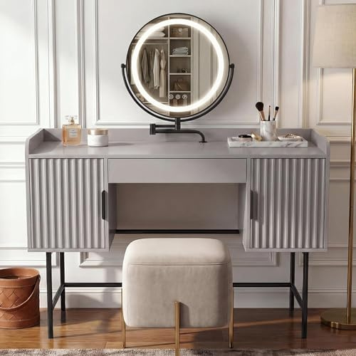 Blisswood Dressing Table with LED Mirror, Fluted Vanity Makeup Desk with Drawer & 2 Side Cabinets, Rotatable Vanity Mirror & Adjustable Brightness, Wide Tabletop with Gold Metal Legs for Bedroom_Taupe