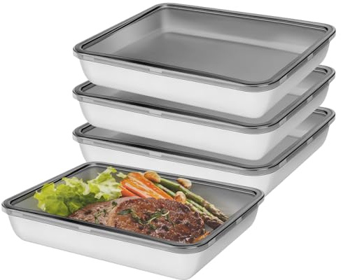 Junrvivy Stainless Steel Food Containers - 4 Pieces Stainless Steel 316 Storage Containers with Lids 25 * 20 * 5CM, Rectangle Box Leak Proof Plastic Lid for Fridge Kitchen Meal Prep Dishwasher Safe