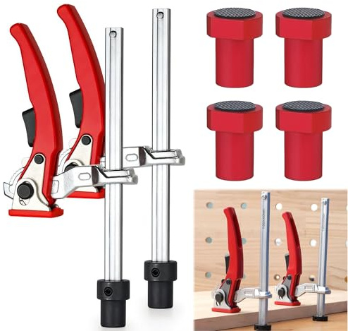 GWAEPU 6-teiliges Niederhalter Set: 2x Hebelzwinge 20mm & 4x Bankhaken aus Chrom-Vanadium-Stahl, Schnellspannzwinge 160x60mm für Holzbearbeitung MFT-Tisch & Werkbank (Rot)