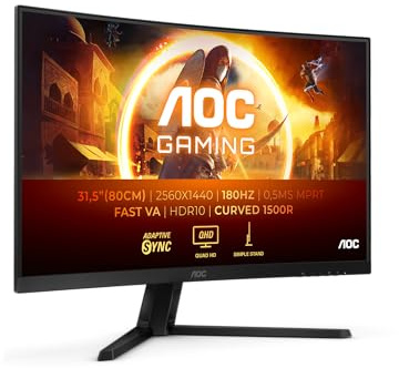 AOC CQ32G4VEAD 32 Zoll Curved, WQHD Gaming Monitor, 180Hz, Fast VA Panel, 1ms GtG, Adaptive Sync, HDR10, FreeSync, (2560x1440 HDMI 2X 2.0 DP 1x 1.4) Schwarz