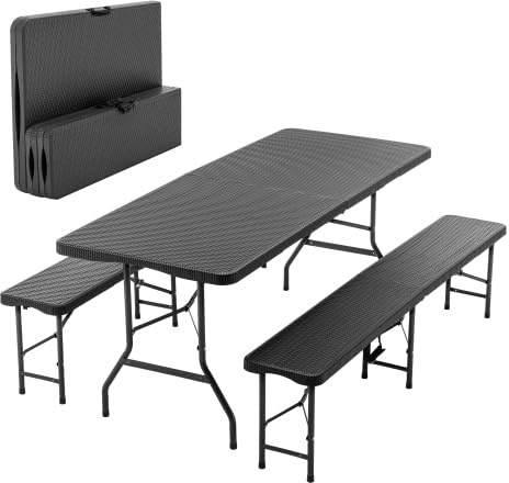 kowdom Bierzeltgarnitur klappbar 6ft – 3-teiliges Camping Set, Tisch & 2 Bänke, HDPE Tischplatte – Biertischgarnitur mit Sicherheitsverriegelung, UV- & wasserbeständig – für Garten, Terrasse, Camping