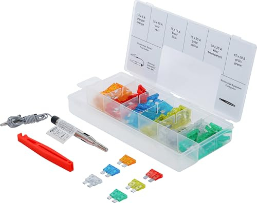 BGS 8124 | Kfz-Sicherungs-Sortiment | Standard | 92-tlg. | Farblich gekennzeichnet | Sortimentskasten | 5 - 30 A | Spannungsprüfer 6 - 24 V | Sicherungsauszieher