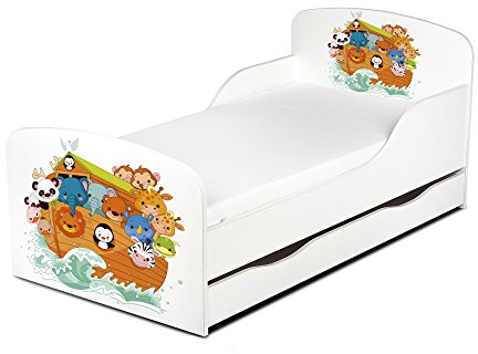 Leomark Holz Einzelbett mit Matratze - Arche Noah - Kinderbett mit Schubladen für Bettwäsche + Lattenrost, Komplett Set, Liegefläche 70/140 cm, UV-Druck