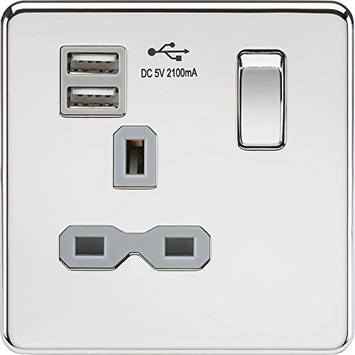 Knightsbridge SFR9901PCG Screwless 1G Switched Socket with 2.1 A Dual USB Charger, Polished Chrome with Grey Insert, 13 A