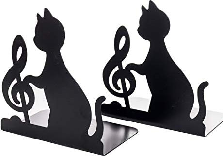 Serres serre-livres Hillento antidérapants, chat paresseux jouant de la musique épaississeurs antidérapants en fer bibliothèque bureau bureau études serre-livres en métal, 1 paire, note de musique