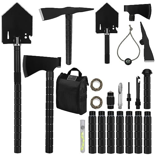 IUNIO Kit de Herramientas Todoterreno de Supervivencia, Pala Plegable, Hacha de Camping, Multiherramienta, Pico, con Bolsa de Transporte, para Exteriores, Emergencia de Coche (Negro Mejorado)