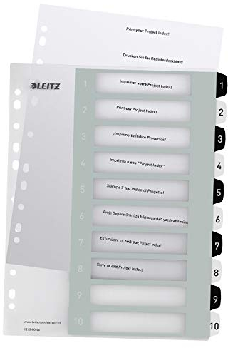 Leitz Register für A4, PC-beschriftbares Deckblatt und 10 Trennblätter, Taben mit Zahlenaufdruck 1-10, Überbreite, Weiß/Schwarz, Polypropylen, WOW, 12150000